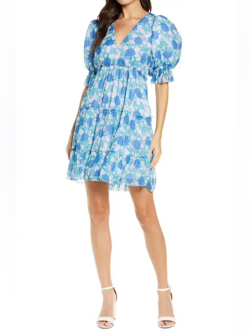 SAYLOR Blue Floral V-Neck Puff-Sleeve Tiered Mini Dress